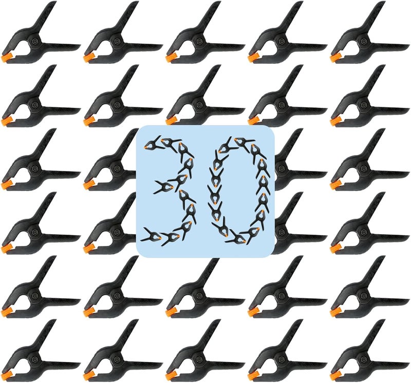 Aphila 30 Pack 3.5 Inch Plastic Spring Clamps, Black Heavy Duty Clips, Spring Clamps for Backdrop Stand, Woodworking, Crafts, Photography, Banner, Balloon Arch Garland Clips, Small Clamp with Soft Tips - Image 1